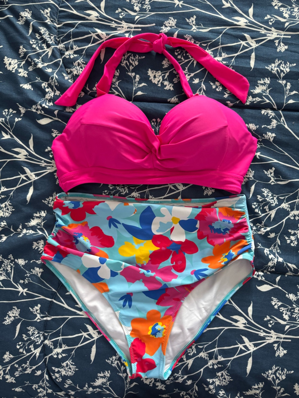 Hot Pink Halter Bikini Set with Floral High-Waist Bottoms